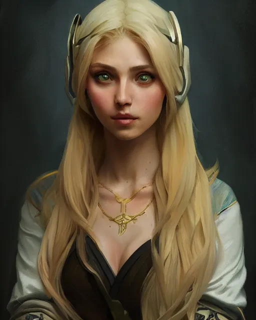 Image similar to '' Portrait of Beautiful blonde Slavic woman, league of legends, LOL, fantasy, d&d, digital painting, artstation, concept art, sharp focus, illustration, art by greg rutkowski and alphonse mucha ''