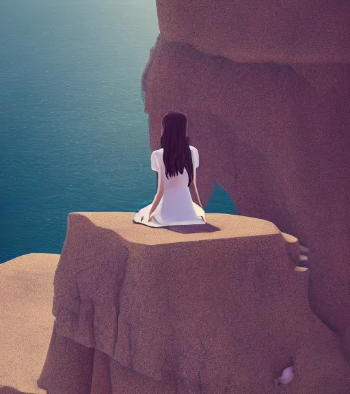 Prompt: a girl wearing a skirt sitting on a cliff overlooking a beach. intricate artwork by Tooth Wu and wlop and beeple. octane render, hyper realism, 8k