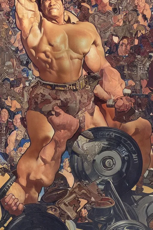 Prompt: arnold schwarzenegger power lifting a truck over his head, by artgerm and moebius and alphonse mucha, hyperdetailed, dc comics, explosions in the sky, trending on deviantart