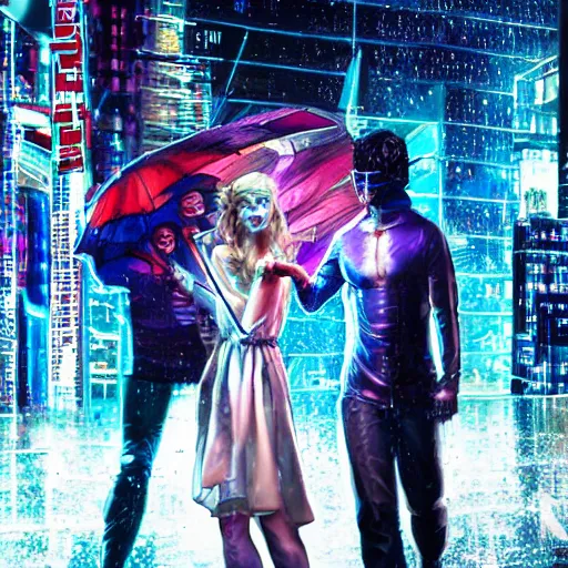 Image similar to An epic fantasy comic book style full body portrait painting of very beautiful cyberpunk hackers Matt Bomer and Emma Stone in the rain, neon reflections in the rain puddles, stunning 3d render inspired art by Tim Okamura and Lise Deharme + perfect facial symmetry + dim volumetric lighting, 8k octane beautifully detailed render, post-processing, extremely hyperdetailed, intricate, epic composition, grim yet sparkling atmosphere, cinematic lighting + masterpiece, trending on artstation, very very detailed, masterpiece, stunning