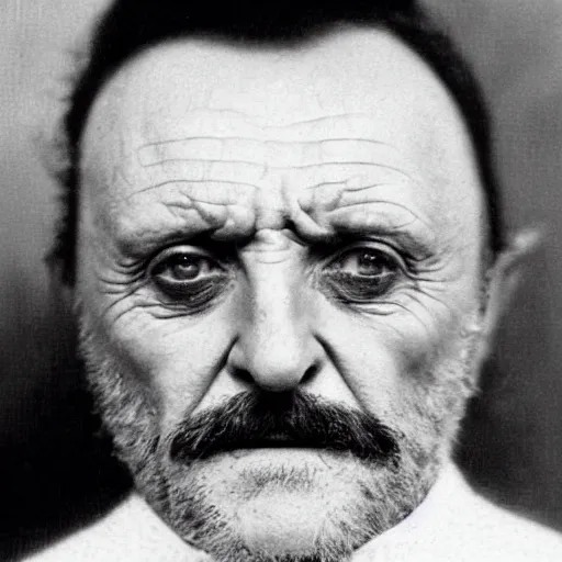 Image similar to headshot edwardian photograph of anthony hopkins, ian mcshane, arthur shelby, terrifying, scariest looking man alive, 1 8 9 0 s, london gang member, slightly pixelated, angry, intimidating, fearsome, realistic face, peaky blinders, 1 9 0 0 s photography, 1 9 1 0 s, grainy, blurry, very faded