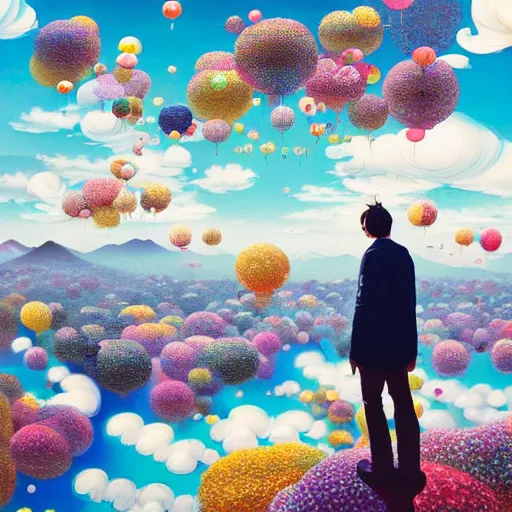 Image similar to a man walking on clouds away from the camera above kyoto by takashi murakami, beeple and james jean, aya takano color style, 4 k, super detailed, modern, 4 k, symmetrical