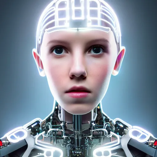 Prompt: beautiful centered Fine art photo portrait of adult Millie Bobby Brown as a solarpunk robotic humanoid, white mechanical parts with led lights, photorealistic, white background, highly detailed and intricate, sunset lighting, HDR 8k