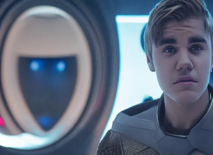 Prompt: Justin Bieber plays as captain in Star Trek Discovery, engine room and warp core in the background, 35mm photography, highly detailed, cinematic lighting, 4k