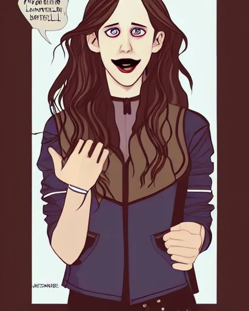 Image similar to beautiful vampire Taissa Farmiga, Jamie McKelvie comic art, sharp vampire teeth, sarcastic smile showing teeth, symmetrical eyes, realistic face, symmetrical face, brown leather jacket, jeans, long black hair, full body