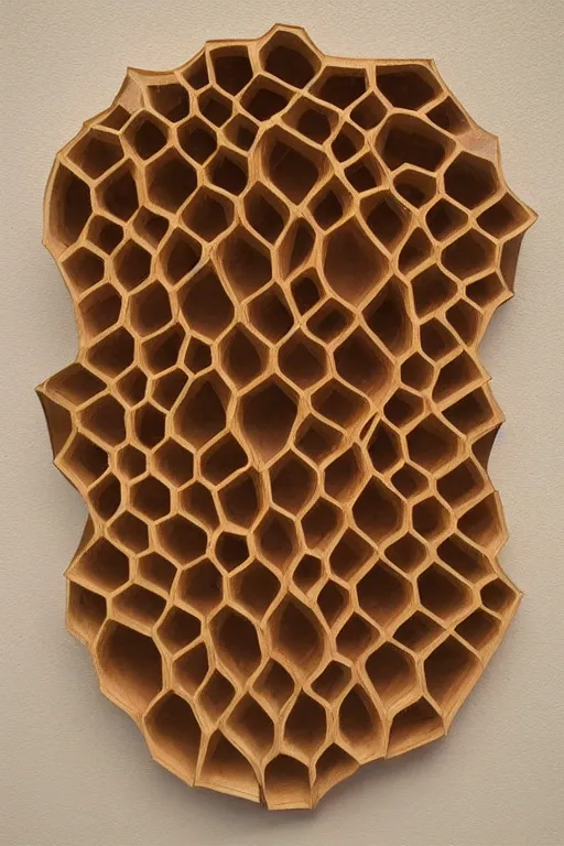 Image similar to non - euclidean labyrynth, abstract wooden carving, realistic, soaked in honeycomb