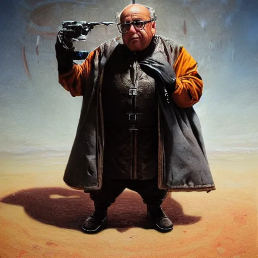 Image similar to hyperrealistic mixed media high resolution painting of Danny DeVito portraying The Baron from the film Dune, stunning 3d render inspired art by István Sándorfi and Greg Rutkowski and Unreal Engine, perfect symmetry, dim volumetric lighting, 8k octane beautifully detailed render, post-processing, extremely hyper-detailed, intricate, epic composition, highly detailed attributes, highly detailed atmosphere, cinematic lighting, masterpiece, trending on artstation, very very detailed, masterpiece, stunning, flawless structure, lifelike texture, perfection,