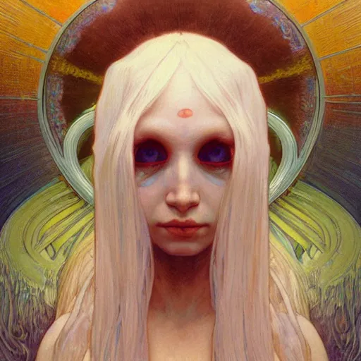 Image similar to portrait of small, rubbery, huge-eyed, big-lipped albino mutant priestess with elaborate white hair by Alphonse Mucha, Beksinski, and Anato Finnstark