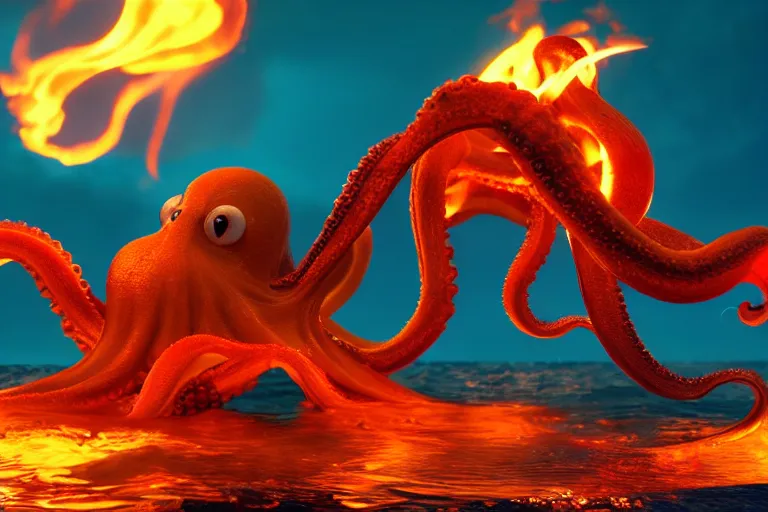 Prompt: an octopus with fire on its tentacles is jumping from the sea, strong waves, puffy clouds, orange end blue palette, 4k, ultra details, cinematic, epic style, beautiful photo, hyper realistic, octane render, unreal engine, award winning, on artstation, volumetric lightning, masterpiece, golden hour,