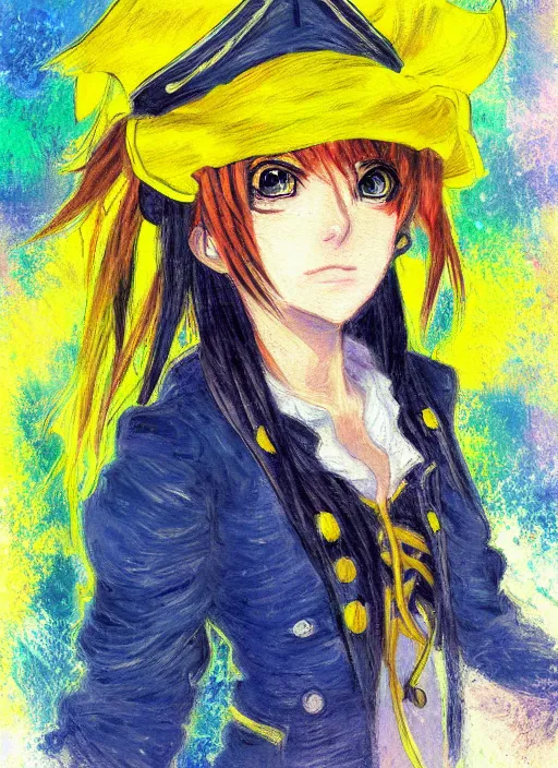 Prompt: a portrait of a female pirate, electric yellow uniform, very anime in impressionist style, anime trending artwork, anime painter studio, by claude monet