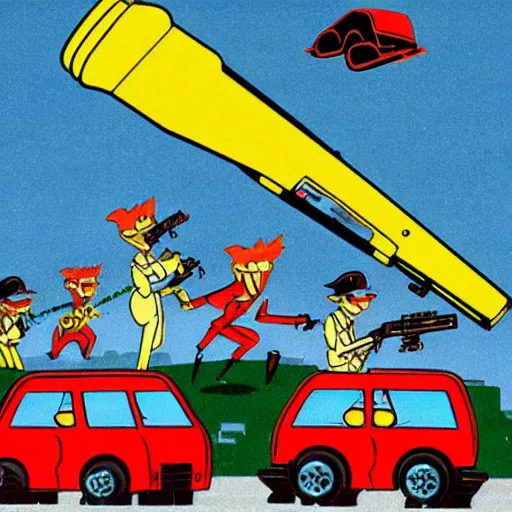 Image similar to anthropomorphic cars and trucks engage in laser gun battles, 8 0 s cartoon