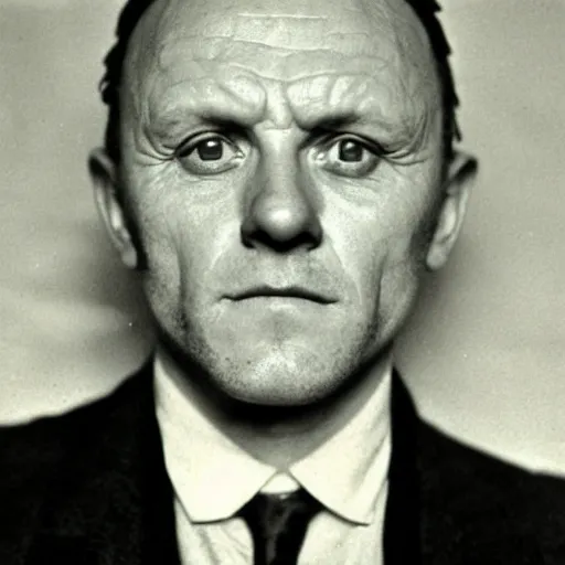 Prompt: headshot edwardian photograph of anthony hopkins, heath ledger, bryan cranston, 1 9 2 0 s, british gang member, intimidating, tough, realistic face, 1 9 0 0 s photography, 1 9 0 0 s, grainy, slightly blurry, victorian