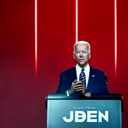 Image similar to Joe Biden standing in a room engulfed in red light, cinematic, bloom, breathtaking, illustration
