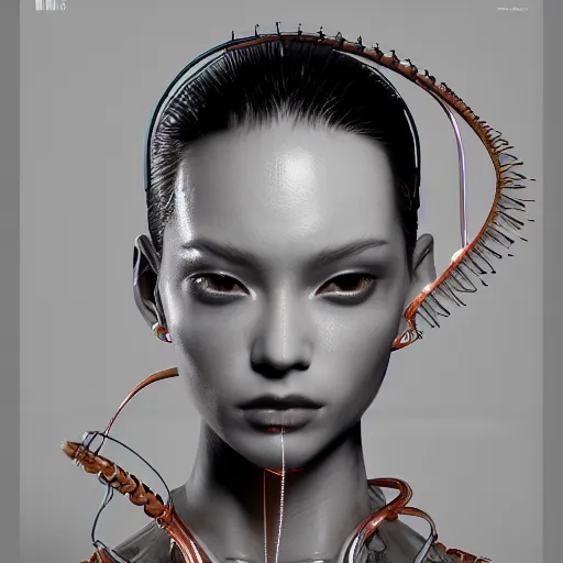 Prompt: the portrait of an absurdly beautiful, graceful, sophisticated, fashionable cyberpunk gravure idol, an ultrafine hyperdetailed illustration by kim jung gi, irakli nadar, matt wisniewski, intricate linework, neon wiring, porcelain skin, unreal engine 5 highly rendered, global illumination, radiant light, detailed and intricate environment