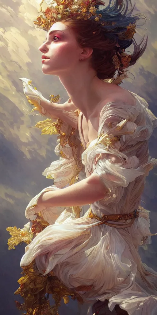 Image similar to portrait of freedom, ethereal, expressive pose, acrobatic, rainbow eyes, ornate frilly dress, fantasy, intricate, elegant, highly detailed, digital painting, artstation, concept art, smooth, sharp focus, illustration, art by artgerm and greg rutkowski and alphonse mucha