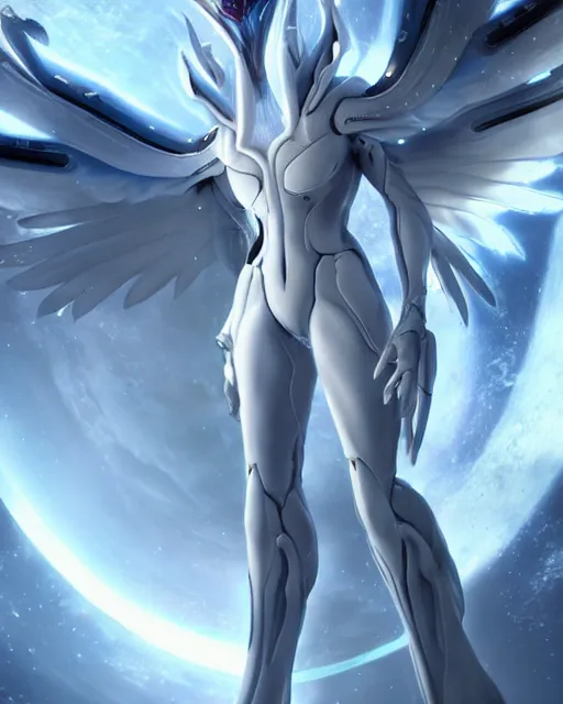 Image similar to perfect white haired alien being with huge white dove wings, warframe armor, beautiful, symmetric, dreamy, half asian, pretty face, blue eyes, detailed, scifi platform, laboratory, experiment, 4 k, ultra realistic, epic lighting, android body, illuminated, cinematic, masterpiece, art by akihito tsukushi, voidstar