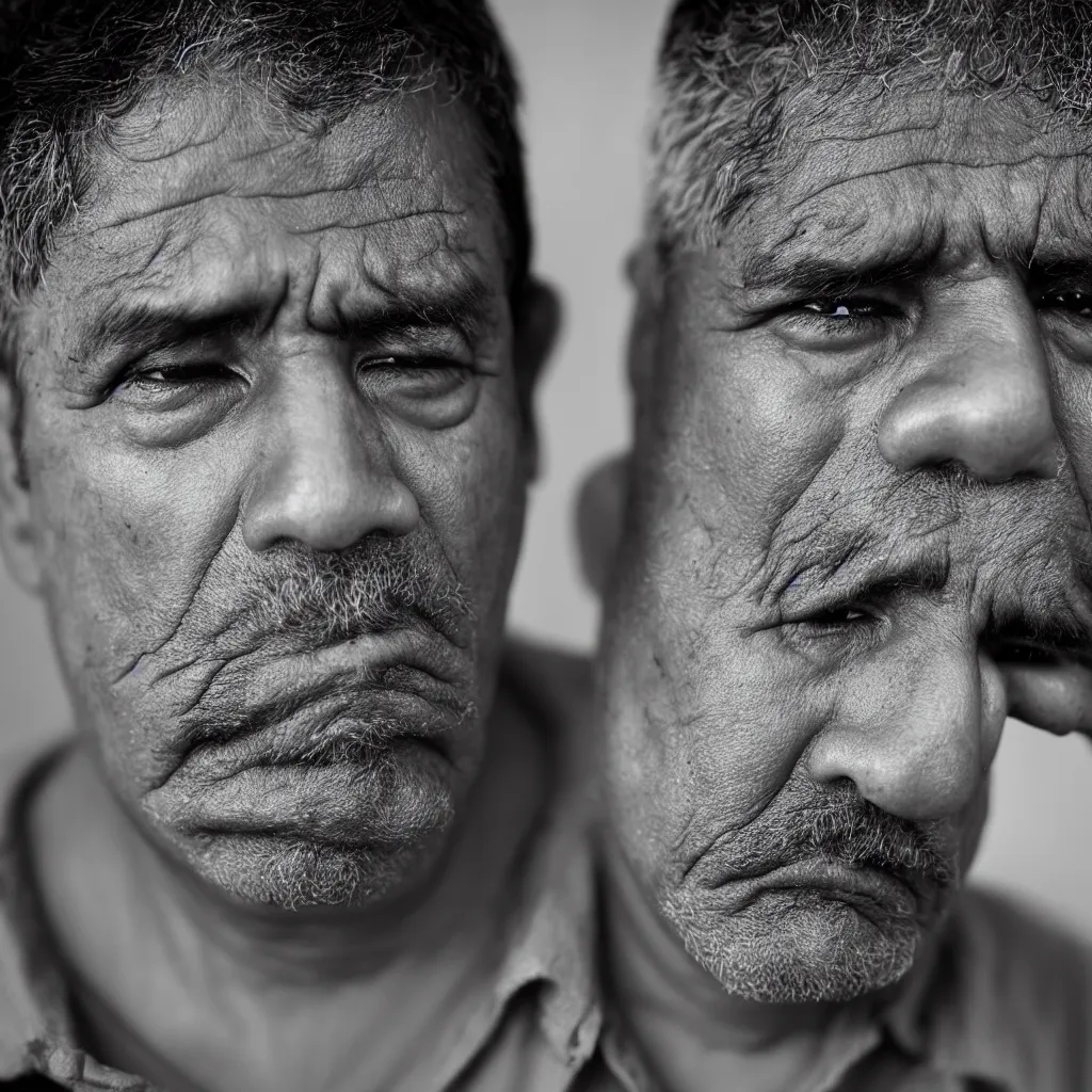 Prompt: A worried Mexican man in his late 40s, with brown skin, dark hair, brown eyes, few wrinkles, skin pores, face is covered with dust. Black dusty background. Dramatic contrasting light. Documentary photo. Sigma 40mm f/1.4 DG HSM