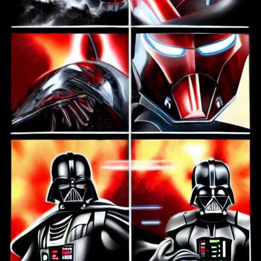 Prompt: iron man vs. darth vader, battle scene, movie scene, cinematic,