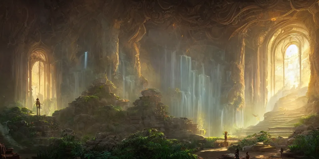 Prompt: Detailed Interior of Temple Ruins, Waterfall walls, light of god, bloom light shafts, incense, stunning atmosphere, in Style of Peter Mohrbacher, cinematic lighting