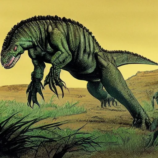 Prompt: tyrannosaurus rex standing in a prehistoric savannah, concept art by frank miller