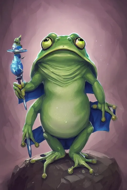 Image similar to cute little anthropomorphic frog wizard wearing a cape and holding a wand, tiny, small, miniature , baby animal, short, pale blue armor, cute and adorable, pretty, beautiful, DnD character art portrait, matte fantasy painting, DeviantArt Artstation, by Jason Felix by Steve Argyle by Tyler Jacobson by Peter Mohrbacher, cinematic lighting