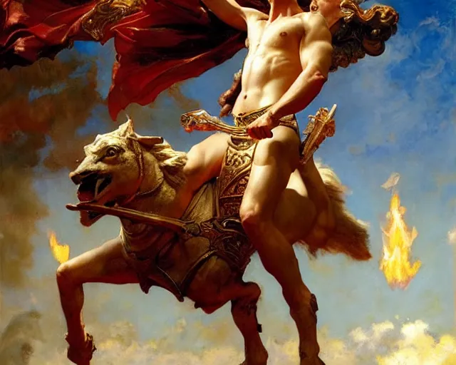 Image similar to attractive apollo greek god, riding his fire chariot. highly detailed painting by gaston bussiere, craig mullins, j. c. leyendecker 8 k