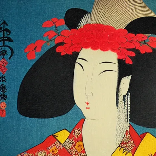 Image similar to beautiful japanese vintage panting of a lady in headdress, zen concept