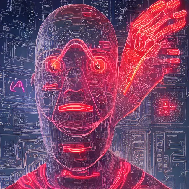 Image similar to a malevolent digital intelligence, portrait of a digital consciousness, glowing digital runes, motherboard circuitry, red eyes, hi tech, futurism, rhads!!!, james gurney, ( art fitzpatrick ), ( asaf hanuka ), ( ( barclay shaw ) ), ominous, saturday morning cartoon, clean linework, western animation