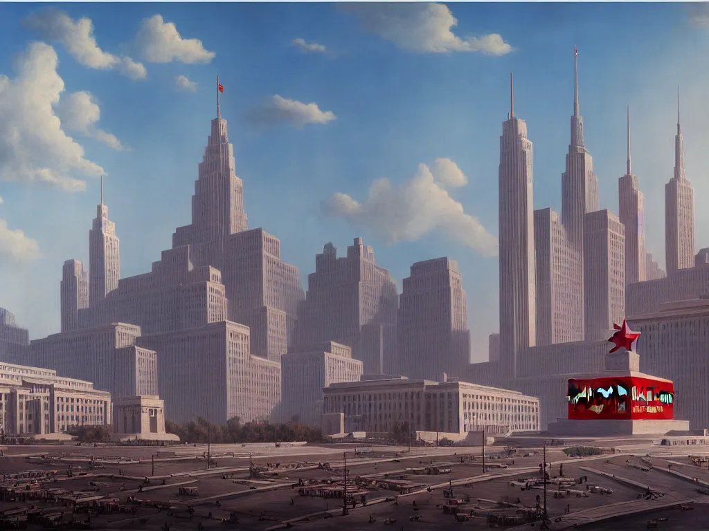 Prompt: matte painting by fan wennan. communist american future capitol shining in the sun after the triumph of socialism in america, hyperdetailed, cinematic, photorealistic, hyperrealism, masterpiece, grounded rectangular communist governmental architecture, statue, imposing, strength, abundance. american communist party. america 2 0 9 8