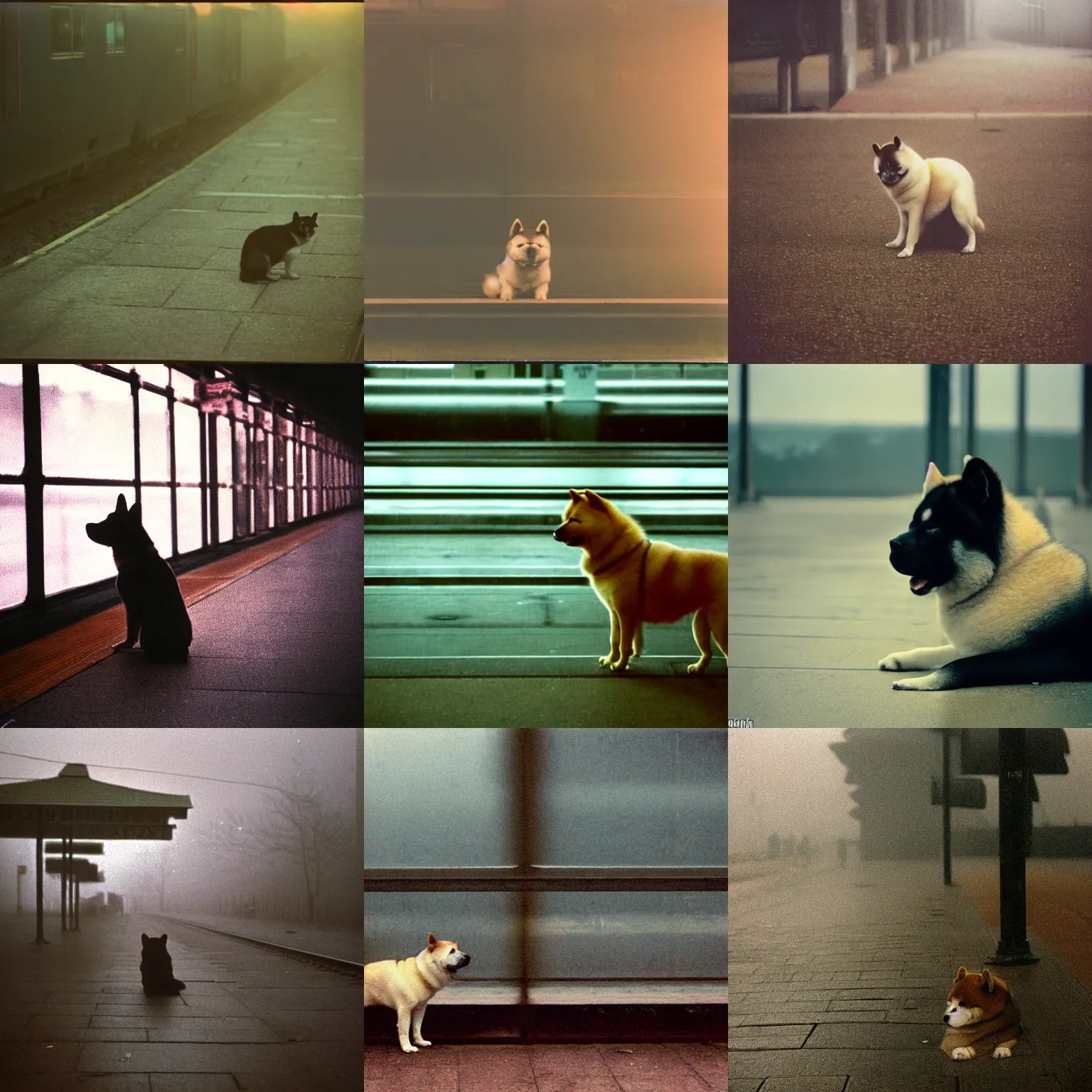 Prompt: high detail 35mm photo of a depressed akita inu dog waiting alone at an empty train station, orange lighting, foggy, desolate, atmospheric, hazy, autochrome, 8k, reflections