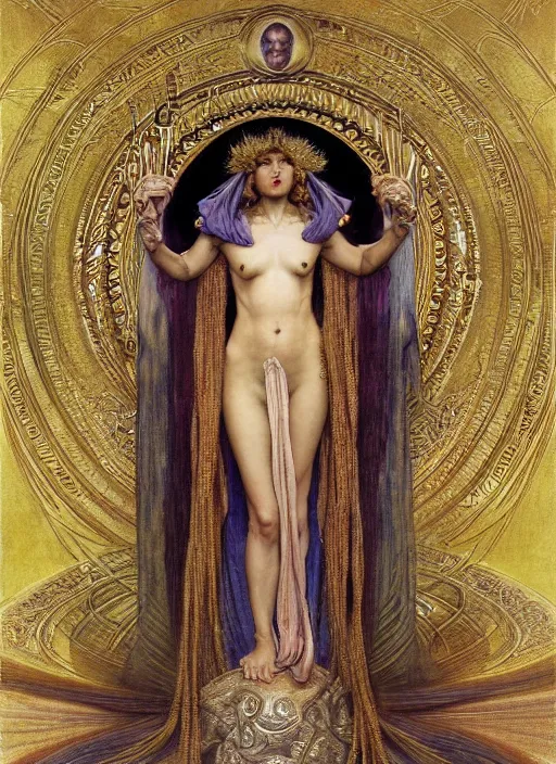 Prompt: hyper realistic painting of the seer pythoness oracle goddess, gold ornaments, flowing fabric, intrincate detail, detailed faces by wayne barlowe, gustav moreau, goward, gaston bussiere and roberto ferri, santiago caruso, and austin osman spare, ( ( ( ( occult art ) ) ) ) bouguereau, alphonse mucha, saturno butto