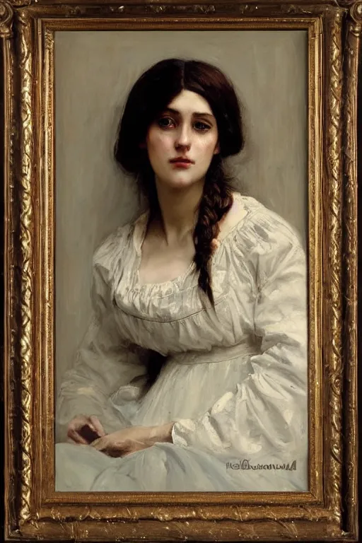 Image similar to Solomon Joseph Solomon and Richard Schmid and Jeremy Lipking victorian genre painting full length portrait painting of a young beautiful woman traditional german barmaid in traditional costume