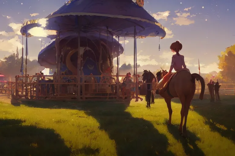 Image similar to le manege enchante, scene in an open field. key visual, conceptart, ambient lighting, highly detailed, digital painting, artstation, concept art, sharp focus, by makoto shinkai and akihiko yoshida and greg manchess