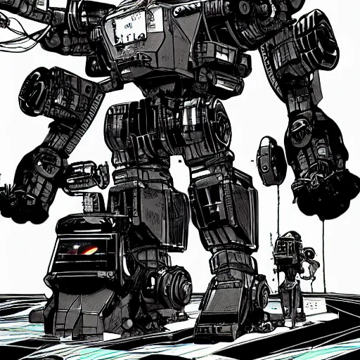 Image similar to mecha standing in front of the spacechip, dark room, smoke, smoth, in the graphic style of Patrick Gleason and Matt James, detailed art, trending on Artstation, sharp focus, Beautiful comic art