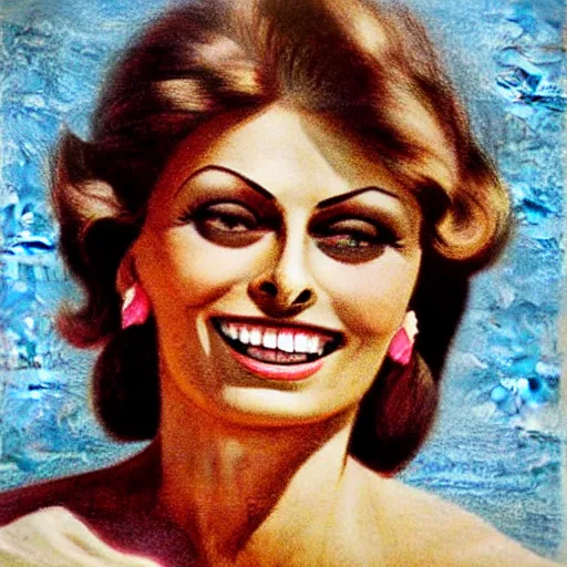 Prompt: a 1 9 2 8 color drawing portrait. calm, happy, healthy, smiling, sporty, young, glowing sophia loren in athletic wear with big smile and healthy teeth. realistic, high quality.