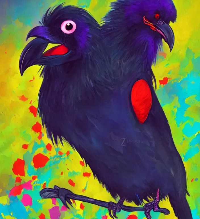 Image similar to colorful illustration of happy raven bird, by zac retz and junji ito