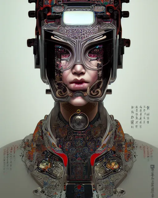 Image similar to portrait of a cyberpunk machine, machine face, upper half portrait, decorated with chinese opera motifs, asian, fine china, traditional chinese art, intricate, elegant, highly detailed, symmetry, headpiece, digital painting, artstation, concept art, smooth, sharp focus, illustration, art by artgerm and greg rutkowski and alphonse mucha, 8 k