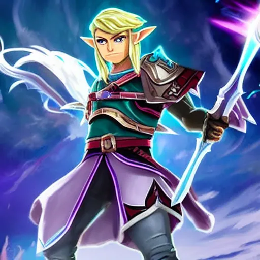 Image similar to link fierce deity as a character in the game league of legends, with a background based on the game league of legends, detailed face