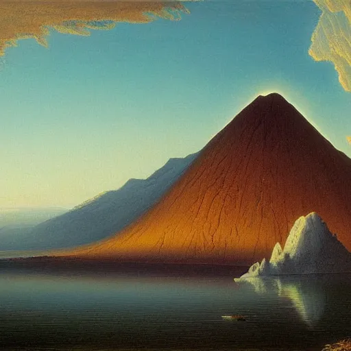 Image similar to tall crystal cliff with active volcano by william stanley haseltine