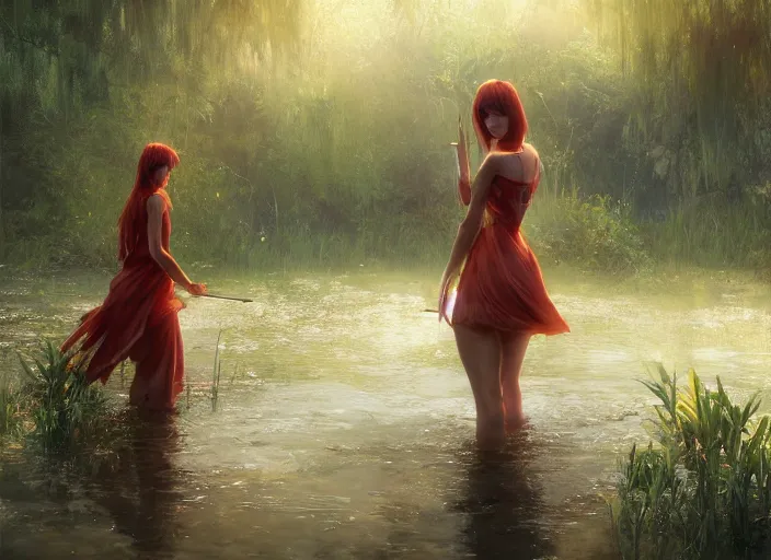 Prompt: glowing girl wading through swamp carrying a red flag , DSLR 85mm, by Craig Mullins, ilya kuvshinov, krenz cushart, artgerm, Unreal Engine 5, Lumen, Nanite