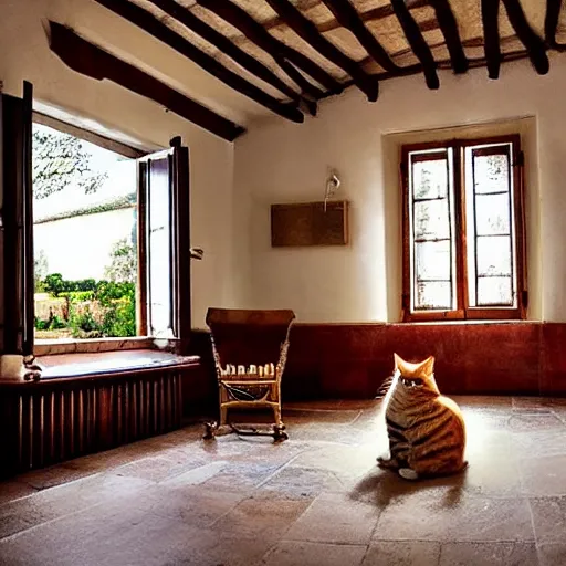 Image similar to very very very very beautiful work of art from wide angle on cat sitting in provence style interior room, matte,