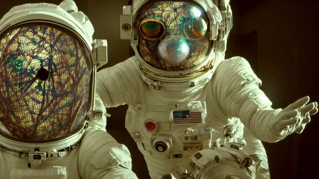 Image similar to a single astronaut eva suit covered in diamond 3d fractal lace iridescent bubble 3d skin and covered with insectoid compound eye camera lenses floats through the living room, film still from the movie directed by Denis Villeneuve with art direction by Salvador Dalí, wide lens,