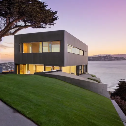 Prompt: a modern concrete mansion on the bluffs overlooking san francisco