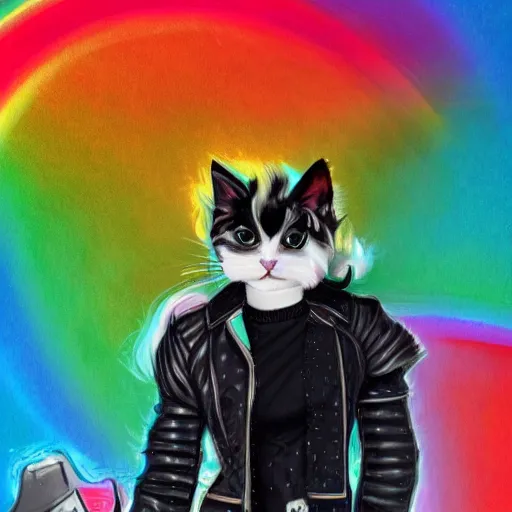 Image similar to wide angle full body, jacket wearing fluffy cute rainbow kitten wearing a black leather motorcycle jacket, concept art