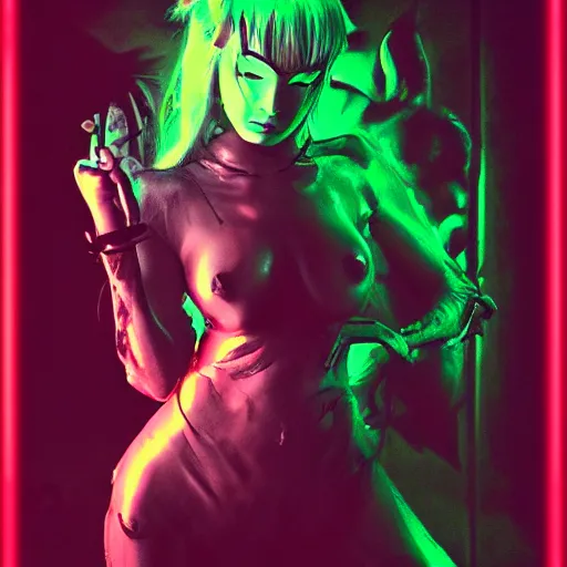 Image similar to dark anime nightmares, dark neon glow of the woman god devil, photo pic by todd macfarlane and giger
