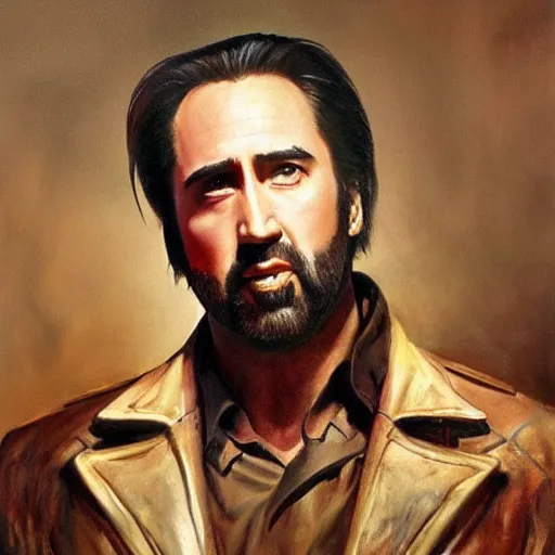 Image similar to ultra realistic portrait painting of nicholas cage as a western outlaw, art by frank frazetta, 4 k, ultra realistic, highly detailed, epic lighting