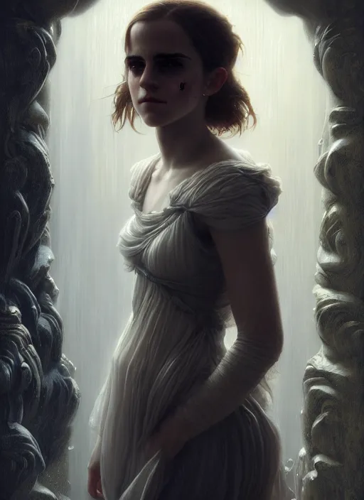 Prompt: portrait photograph of emma watson wearing translucent clothes, studio light, photoreal, by Jaime Jones,Tom Bagshaw,Lawrence Alma-Tadema,greg rutkowski,deviantart contest winner, fantasy art, daz3d,intricate,elegant,highly detailed,8k,digital painting,concept art, sharp focus, illustration,golden ratio