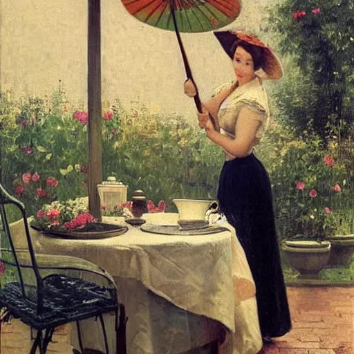 Image similar to a gorgeous housewife putting dishes on a table in the backyard, the table has a parasol, rainy scene, 1 9 5 0's, medium symmetry, by ilya repin, extreme detail, 8 k, intricate abstract, photorealistic