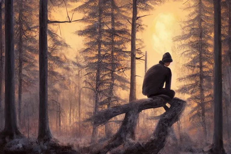 Image similar to ryan church jon mccoy concept art mood painting man sitting in tree winter watching beautiful december sunrise detailed forest