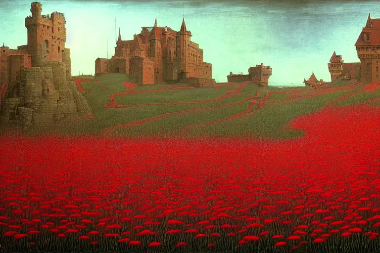 Image similar to only with red, red flowers of different types, a red tiger, a castle in the background, medieval demons dance over the flowers, an ancient path, in the style of beksinski, part by hopper, part by rodcenko, part by hofbauer, intricate composition, red by caravaggio, insanely quality, highly detailed, masterpiece, red light, artstation